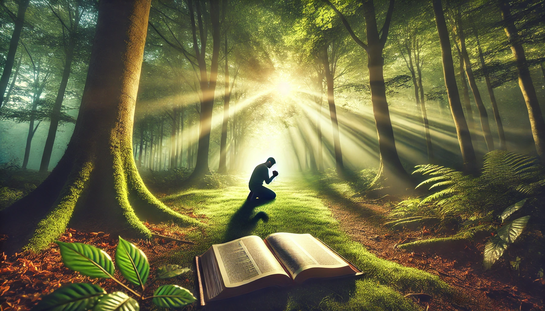 Photo-realistic horizontal illustration inspired by 1 John 2_3_ a serene scene of a person kneeling in prayer in a sunlit forest, open Bible on the gr