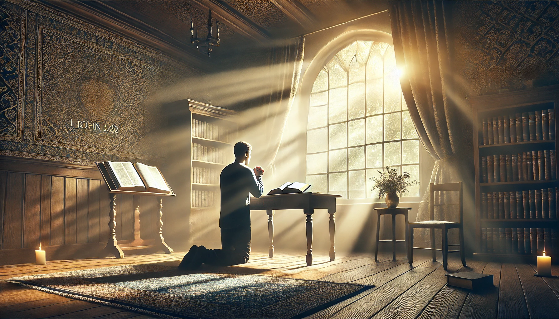 Photo-realistic horizontal illustration inspired by 1 John 3_22_ a peaceful room with a person praying by a window, sunlight streaming in, a Bible ope