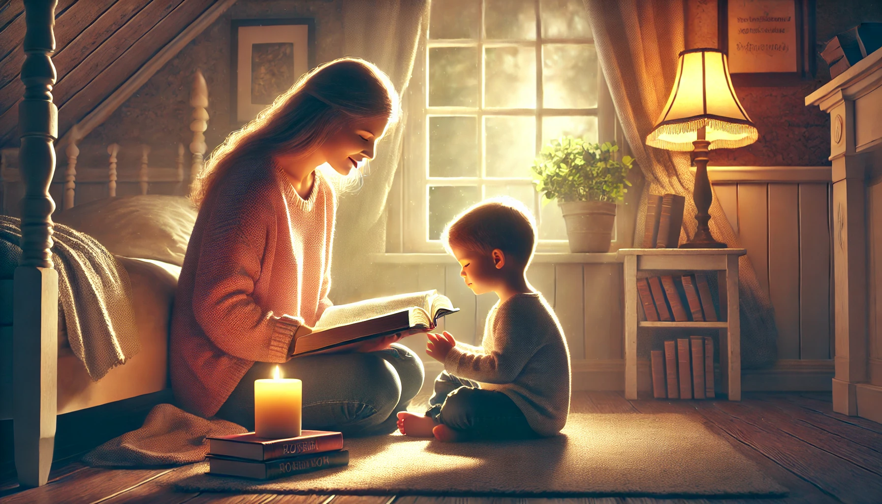 Photo-realistic horizontal illustration inspired by Proverbs 1_8_ a warm home scene with a mother reading the Bible to her child in a softly lit room