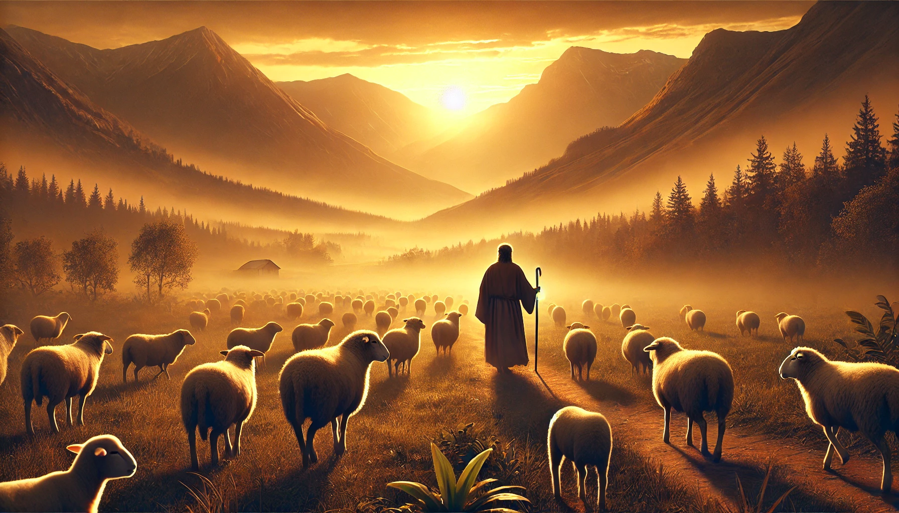 Photo-realistic horizontal illustration inspired by biblical obedience_ a shepherd leading sheep through a peaceful valley, mountains in the distance
