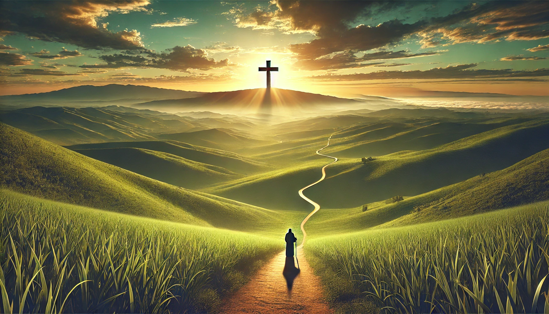 Photo-realistic horizontal illustration of a peaceful biblical landscape symbolizing obedience_ a wide view of green valleys, a path leading toward a