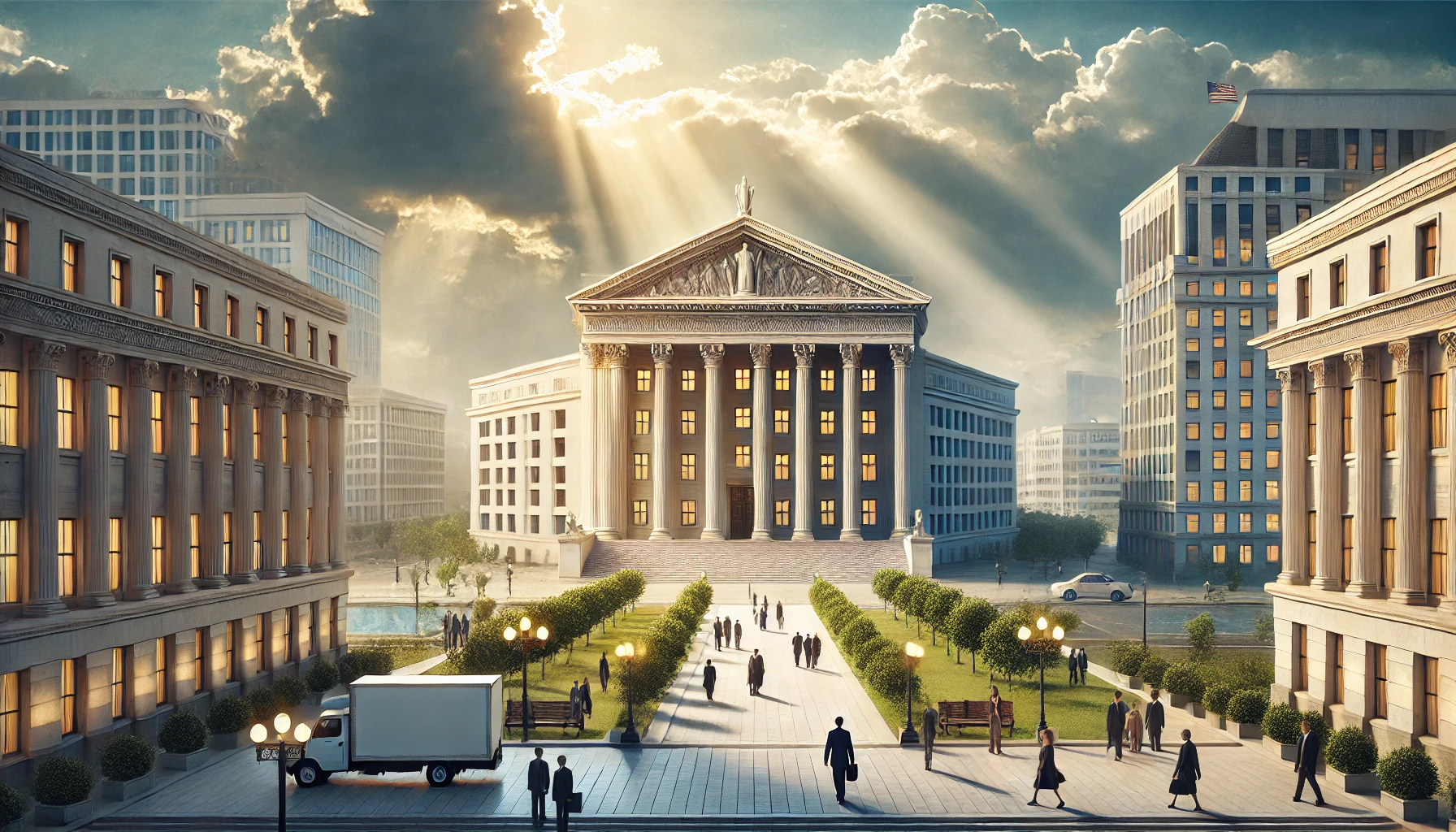 Photo-realistic horizontal illustration symbolizing Romans 13_1_ a peaceful cityscape with government buildings, people walking calmly, sunlight break