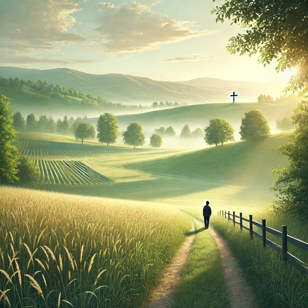 Photo-realistic square illustration of a serene natural landscape symbolizing biblical obedience_ a person walking on a path surrounded by lush fields