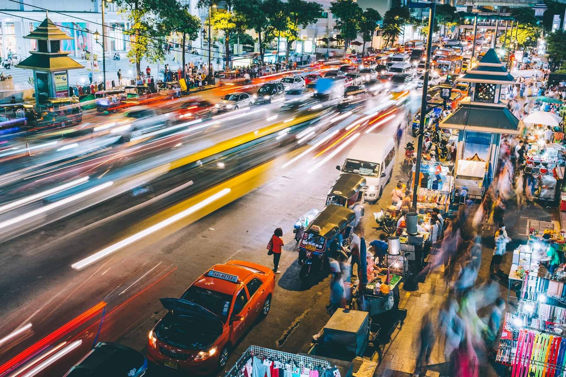 A busy street in Bangkok, Thailand with a slow shutter speed.