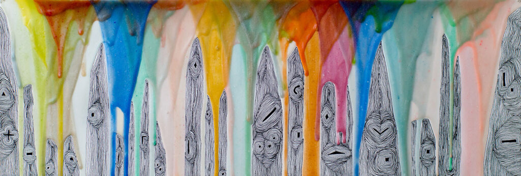 Art and theology: A new path to spiritual understanding Art piece consisting of multicolored paint drips and fine black linework.