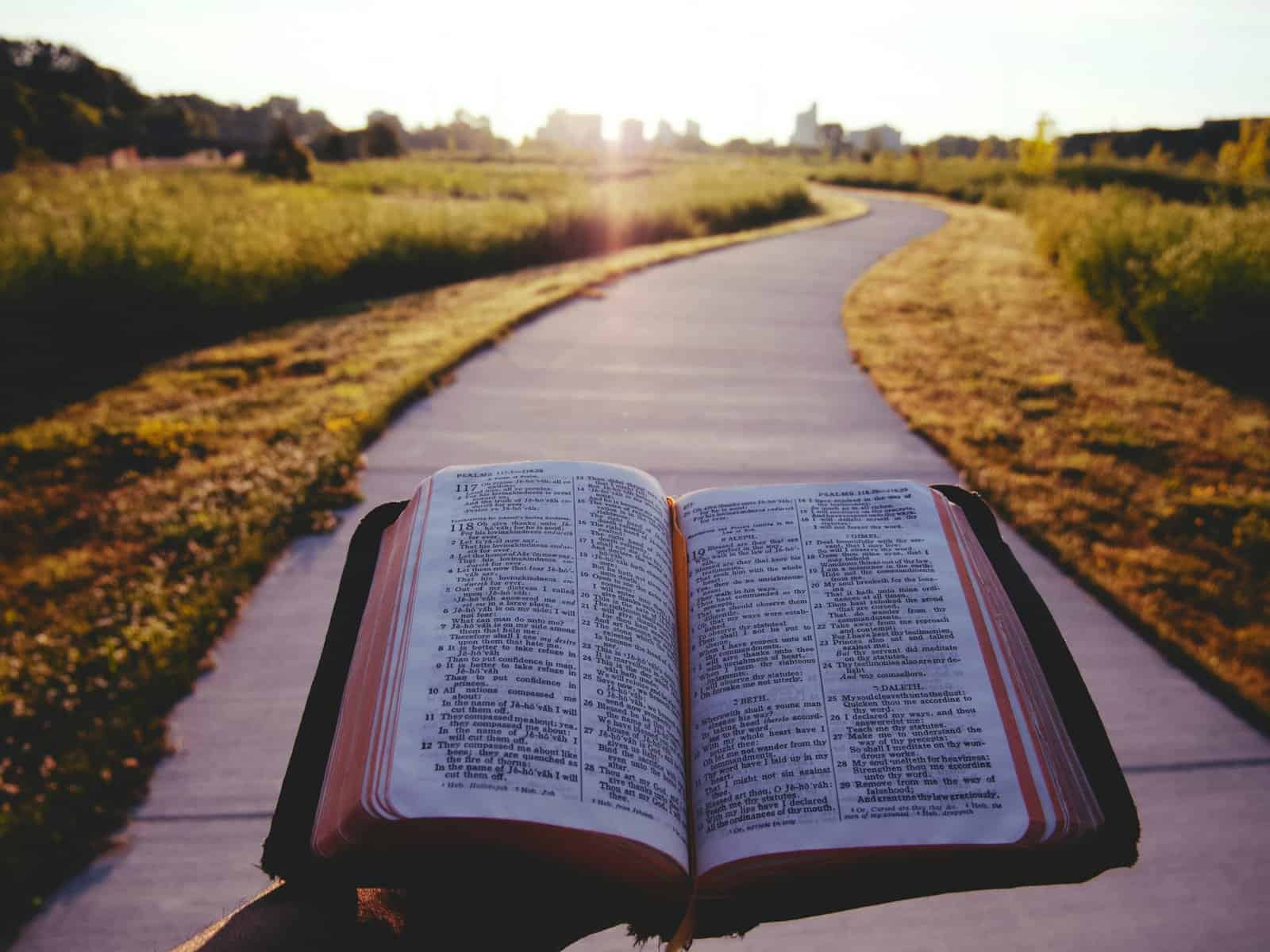 An open Bible held on a path.