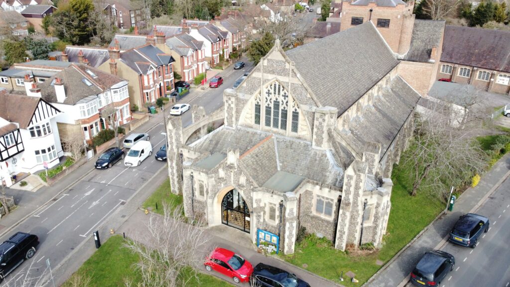 Ariel view of a church in the UK.