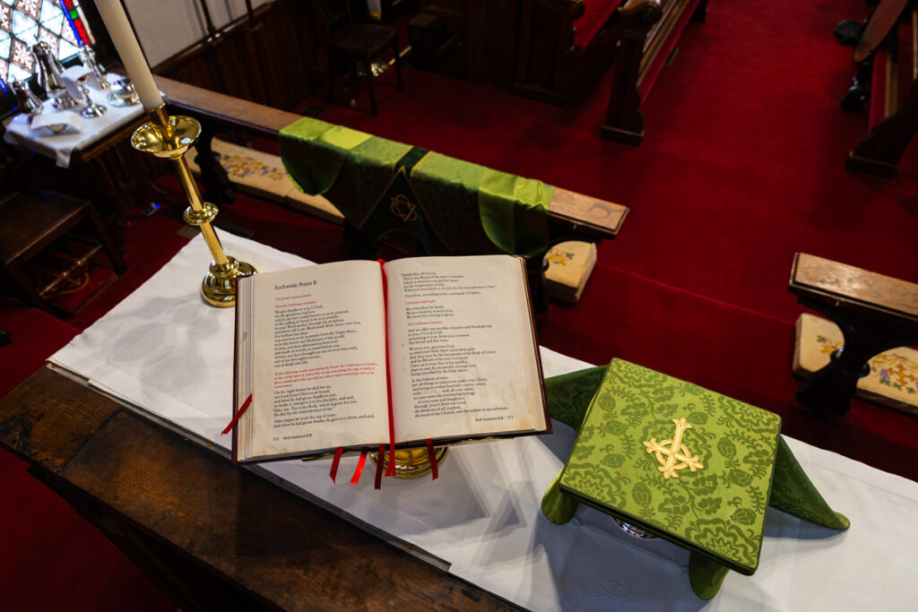 View of the top of the altar from behind the altar in an Episcopal church.