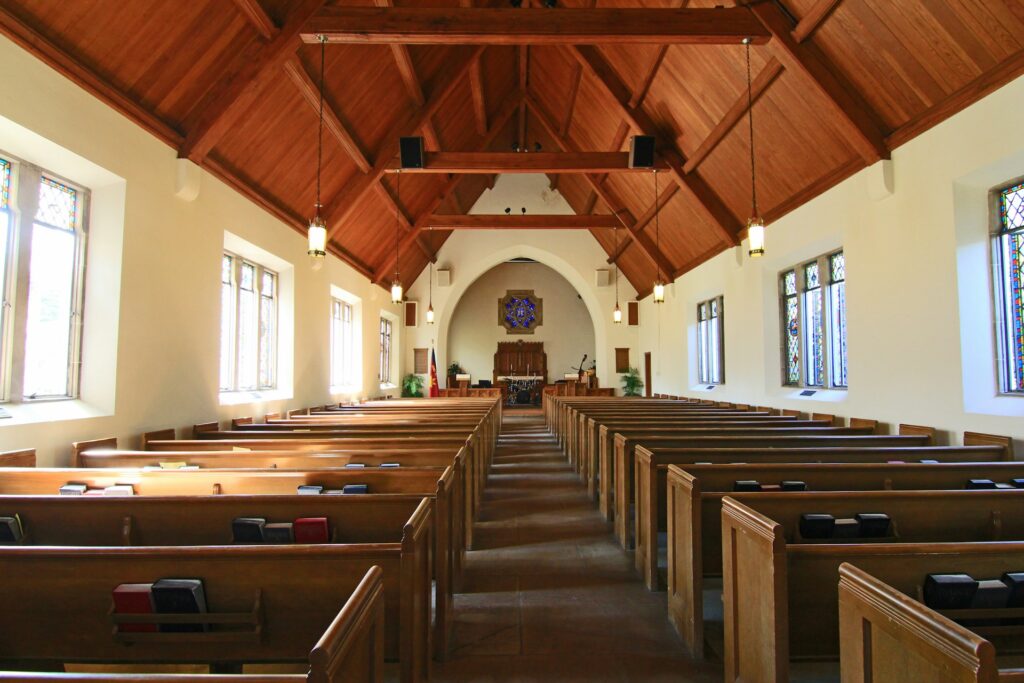 The interior of a small chapel.