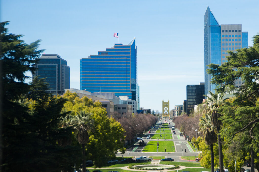 View of downtown Sacramento and the Tower bridge from the capitol building.