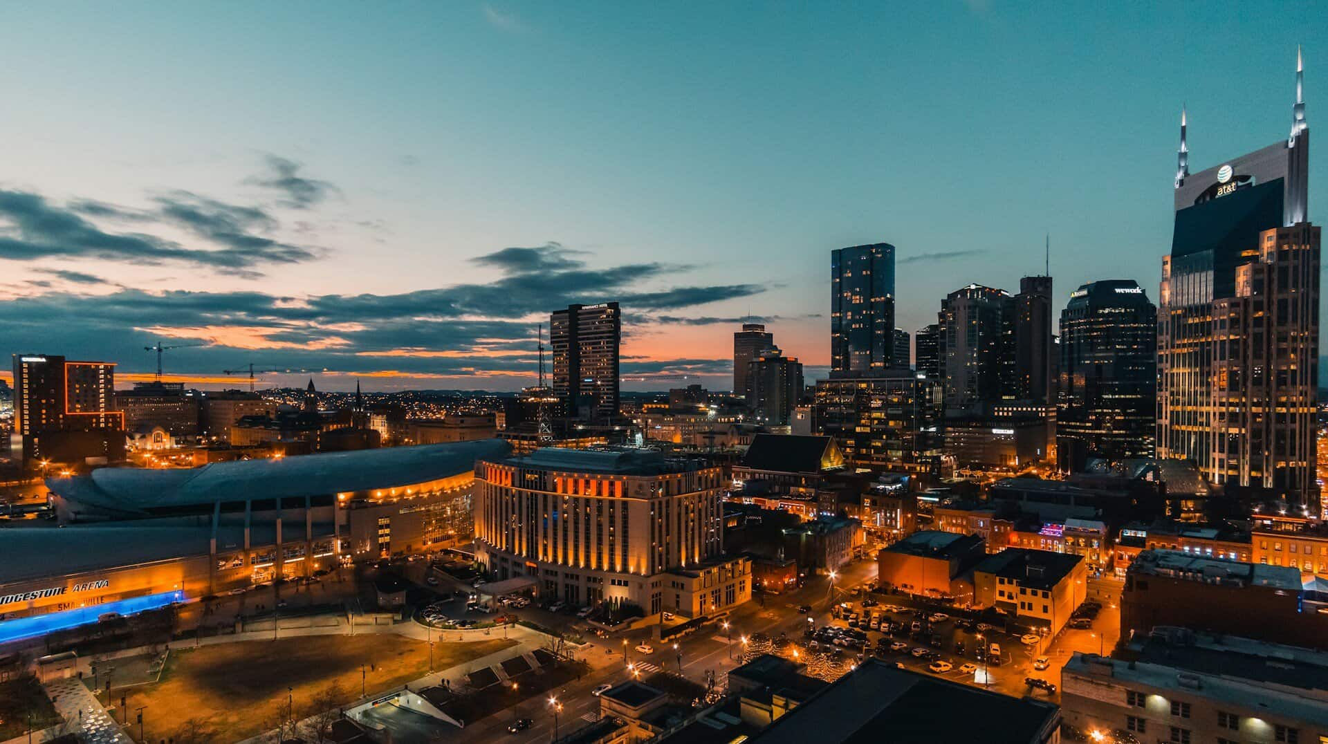 Nashville skyline at dusk.