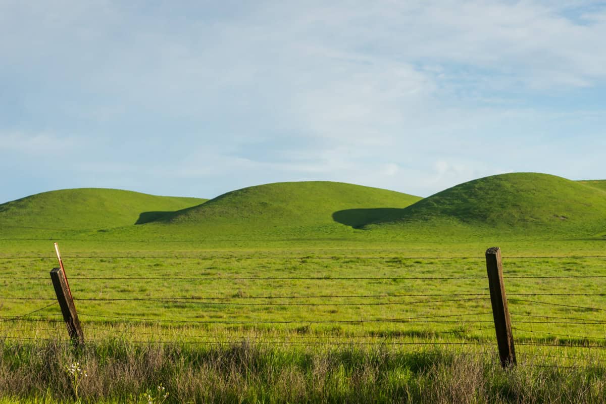 View of green rolling hills with a blue cloudy sky.