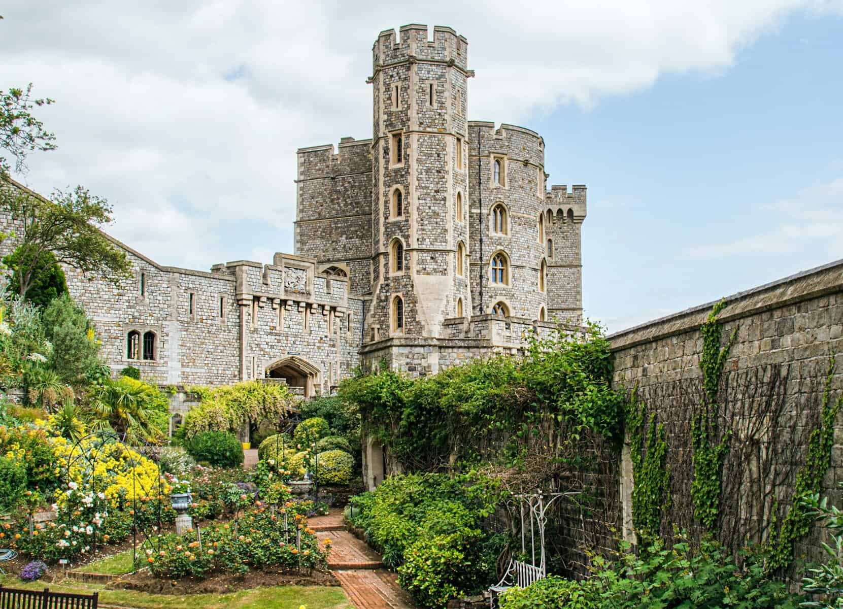 Windsor Castle tower, turret and gardens.