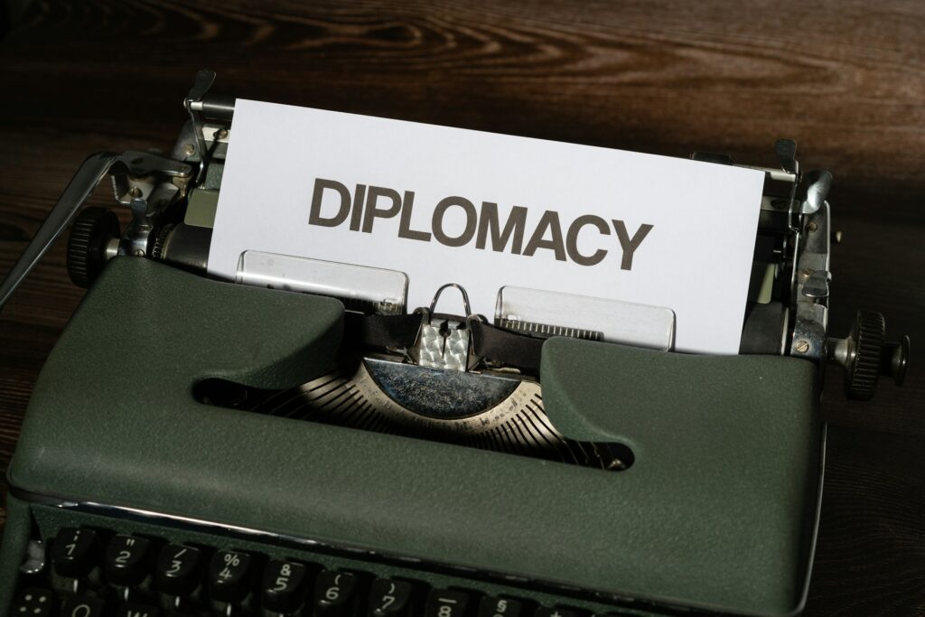 Israeli Diplomat expelled by South Africa in explosive Gaza fallout A green typewriter with a paper saying Diplomacy.