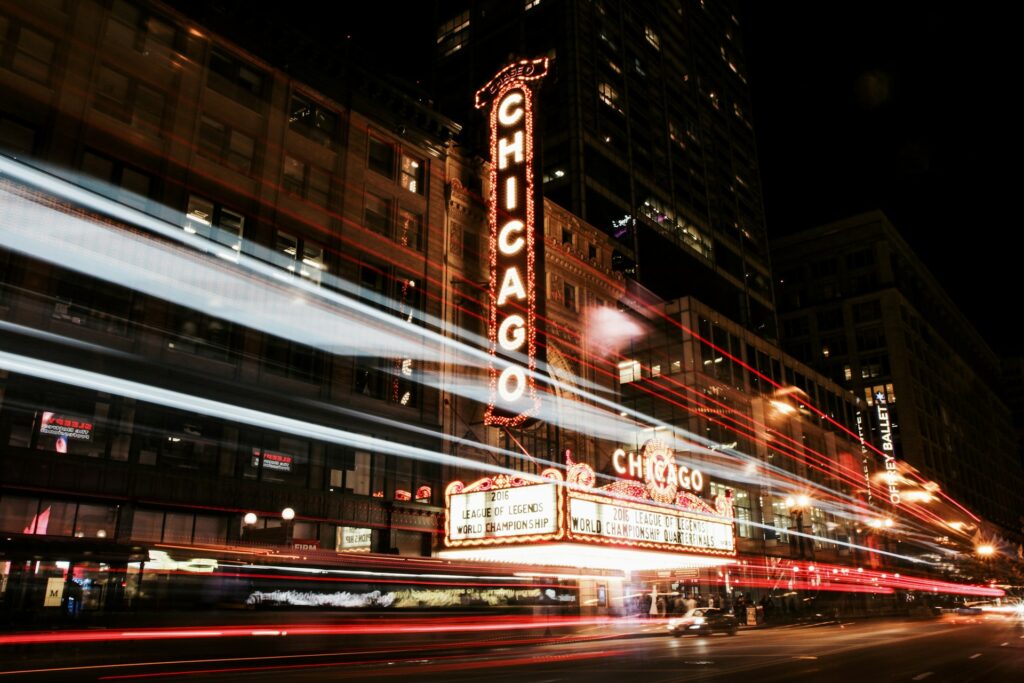 Chicago theatre marquee at night