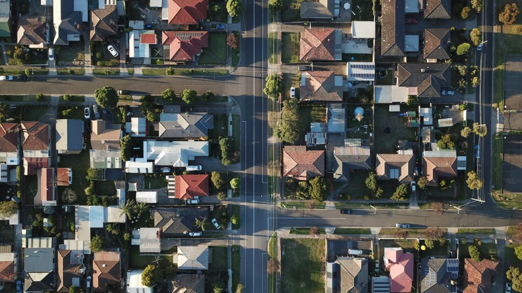 New study shakes housing assumptions in abortion-ban states A aerial view of houses from directly above.